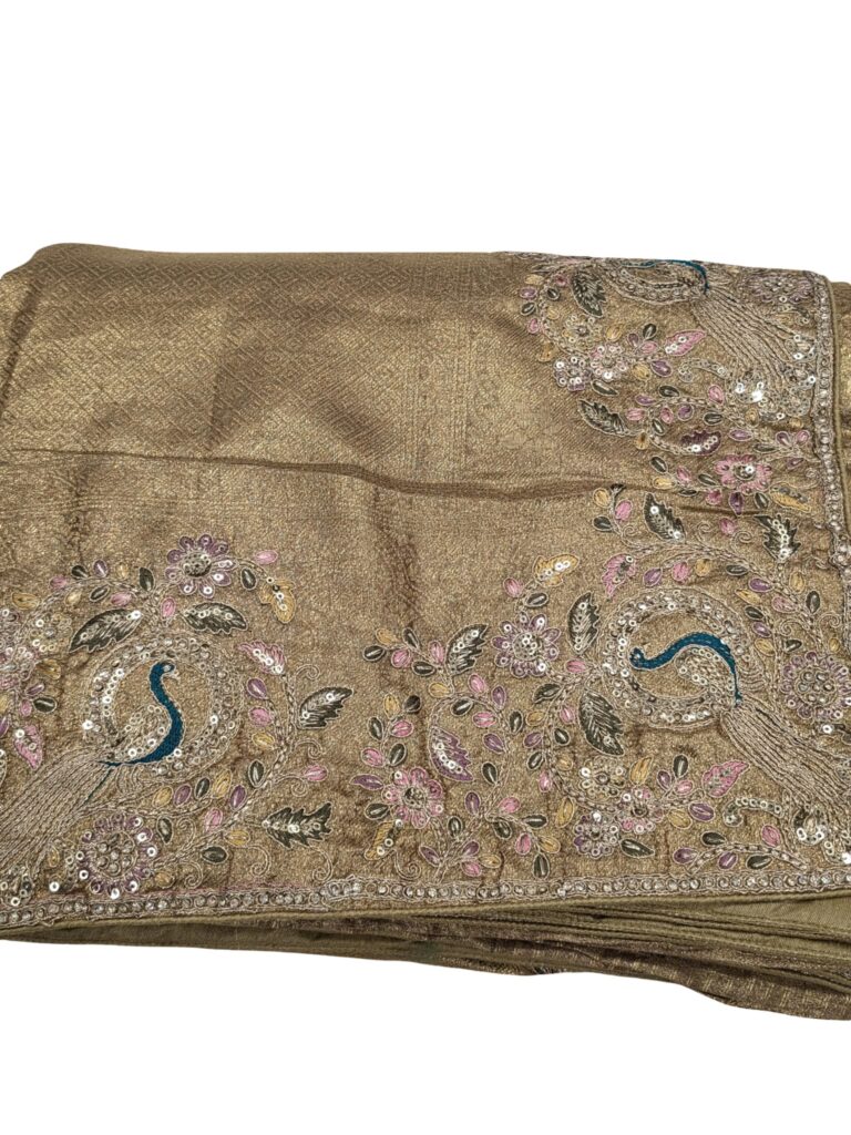 Designer Tissue Silk Saree Peacock Embroidery Sequin Work Wedding Party Wear