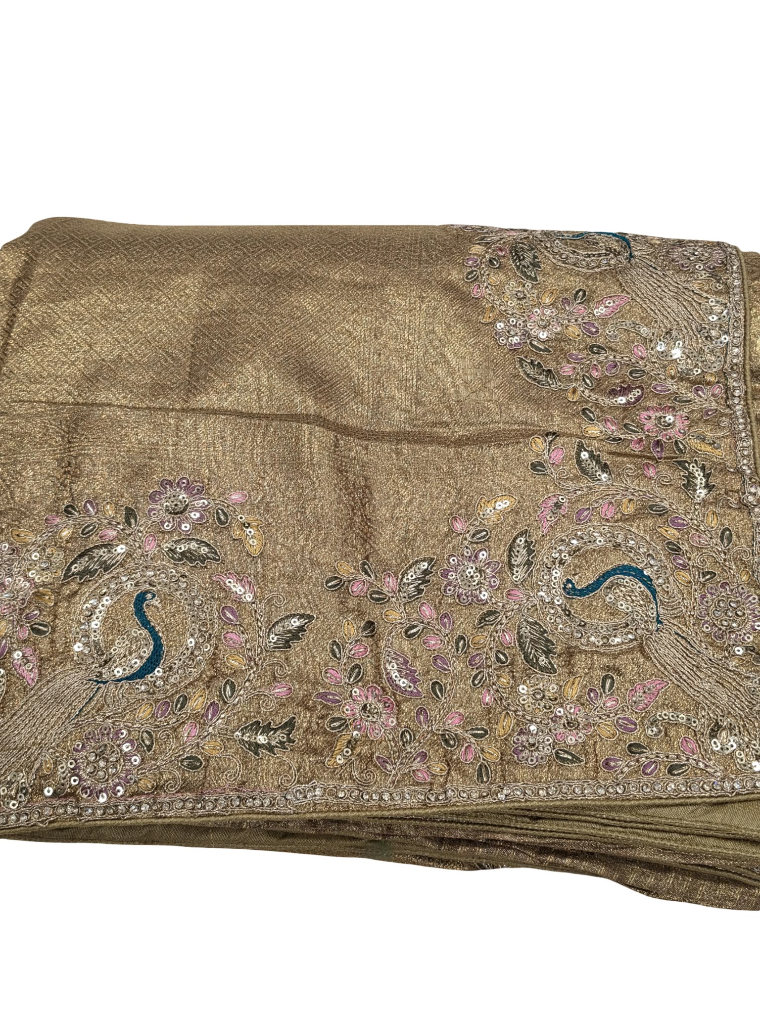 Designer Tissue Silk Saree Peacock Embroidery Sequin Work Wedding Party Wear - Image 2