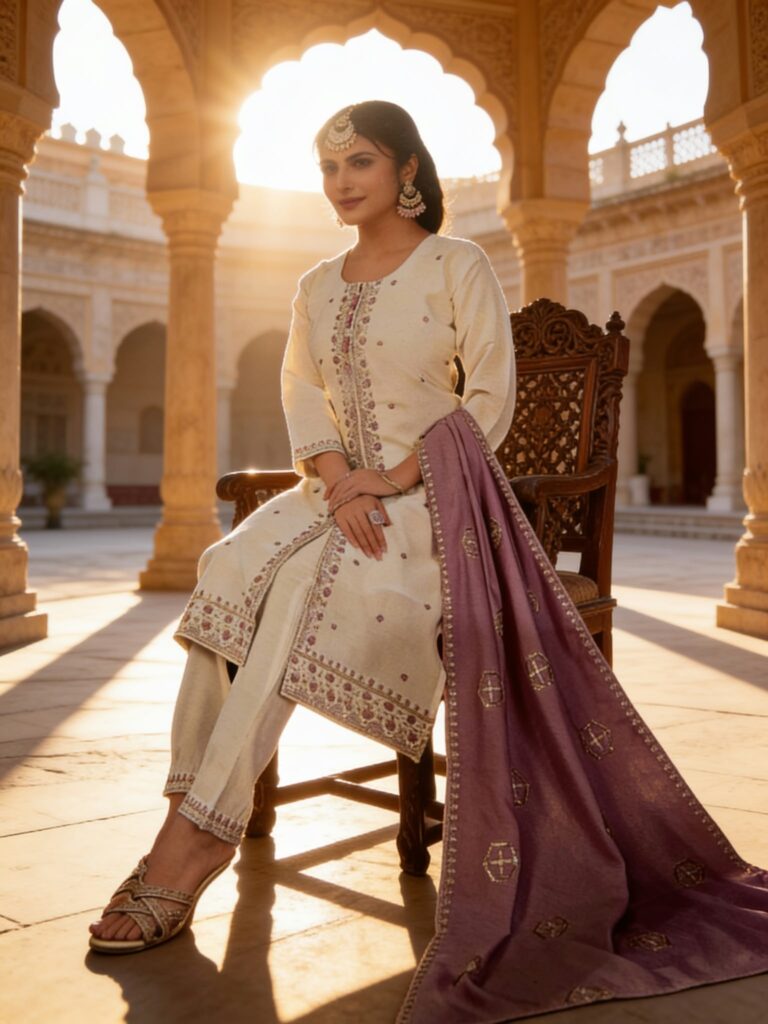 Cream Embroidered 3 Piece Salwar Suit with Purple Dupatta Indian Ethnic Wear