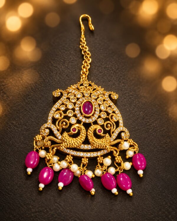 Gold Plated AD Stone Bridal Jewellery Set Long Haram Choker Earrings Maang Tikka - Image 4