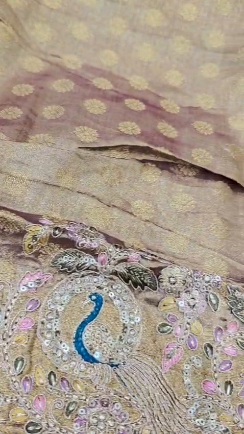 Designer Tissue Silk Saree Peacock Embroidery Sequin Work Wedding Party Wear - Image 8
