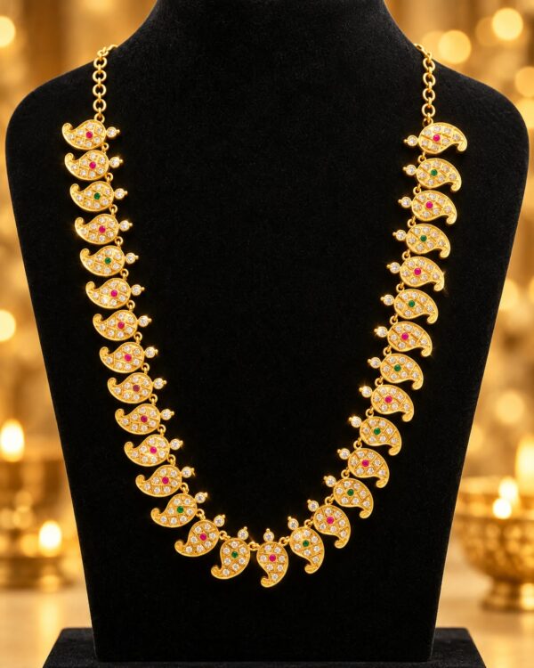 Impon Manga Mala Long Haram Necklace Pink Green White Stone Indian Jewellery - Image 2