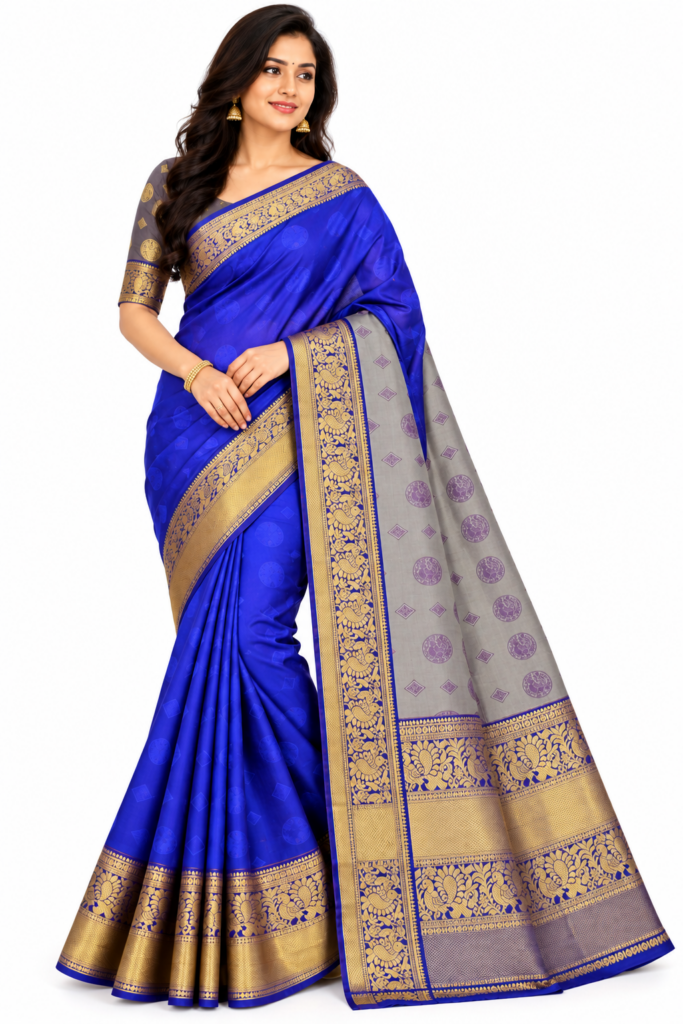 Royal Blue Kanchipuram Semi Silk Saree with Gold Zari Border