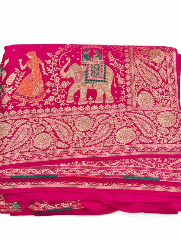 Deep Pink Banarasi Saree with Dupatta Gold Zari Look Elephant & Floral Design - Image 4