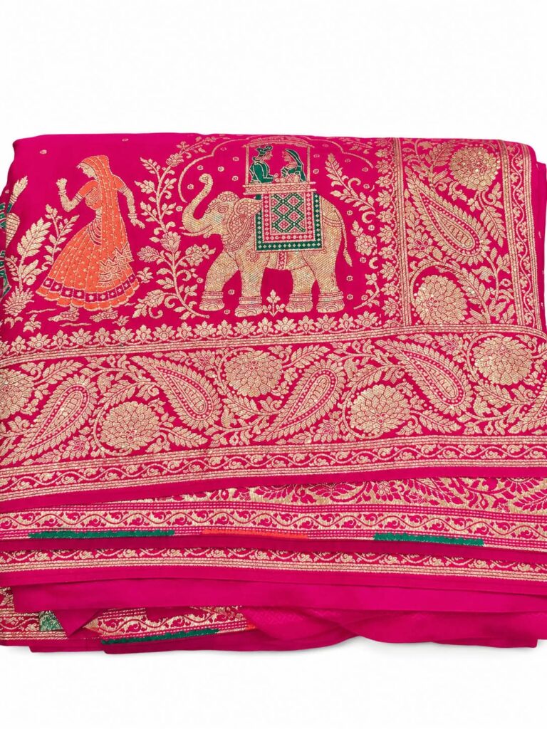 Deep Pink Banarasi Saree with Dupatta Gold Zari Look Elephant & Floral Design