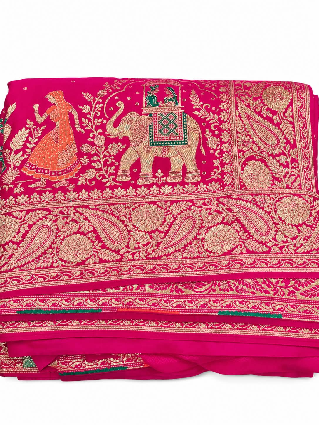 Deep Pink Banarasi Saree with Dupatta Gold Zari Look Elephant & Floral Design - Image 4