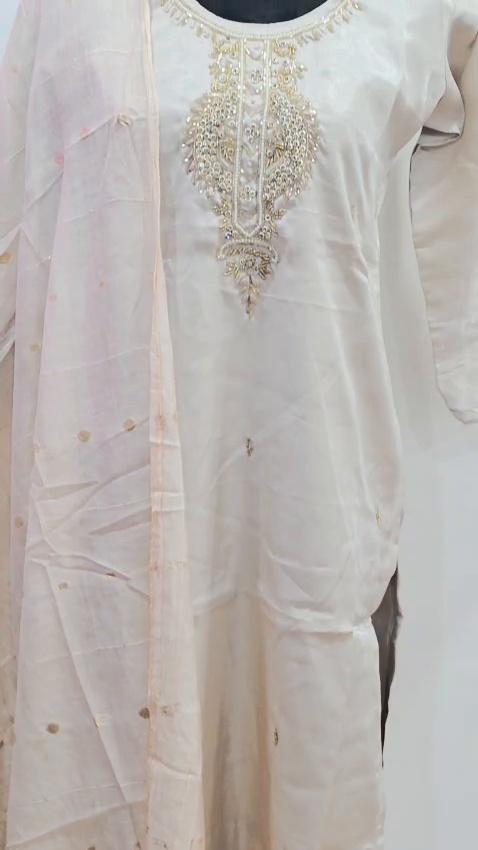 Ivory White 3 Piece Salwar Suit Women Gold Embroidery Indian Ethnic Dress - Image 8
