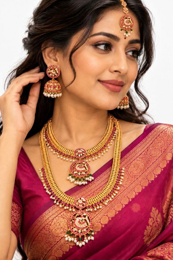Jalebi Kundan Semi Bridal Jewellery Set Gold Plated Haram Jhumka Maang Tikka - Image 1