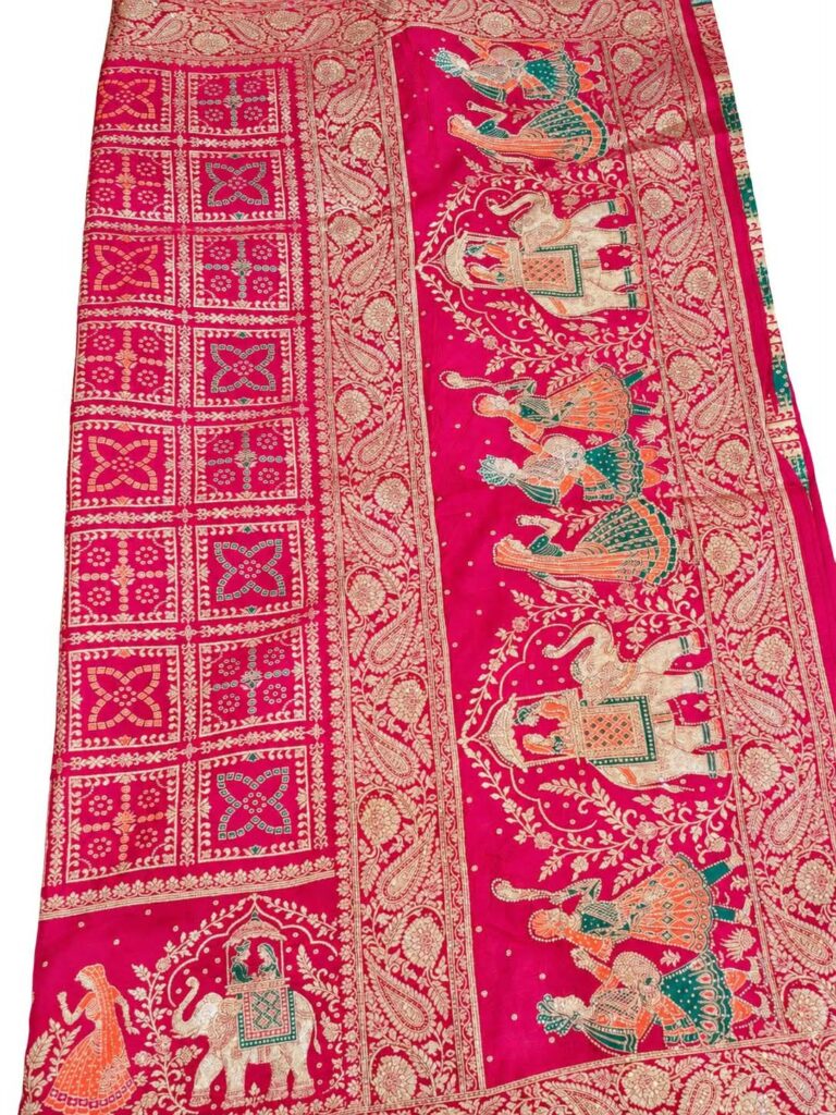 Deep Pink Banarasi Saree with Dupatta Gold Zari Look Elephant & Floral Design