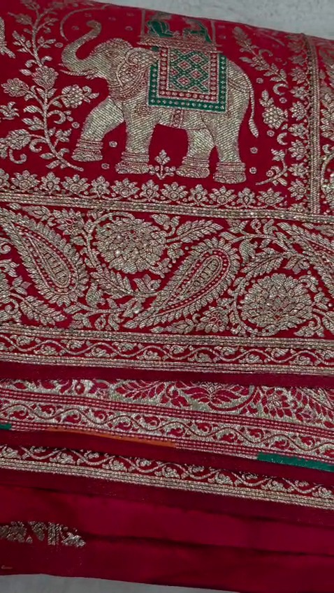 Deep Red Designer Saree with Dupatta Gold Zari Elephant Traditional Wedding Wear - Image 7