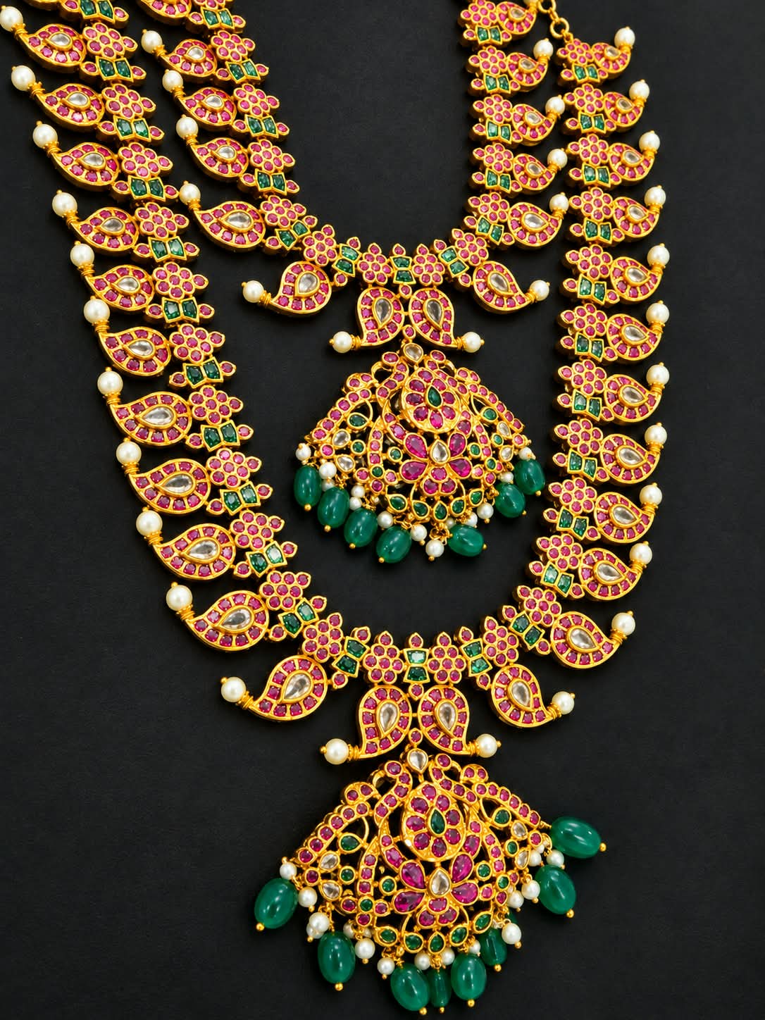 Traditional Kundan Haram Necklace Jhumka Set Ruby Green Gold Tone Bridal Jewelry - Image 2
