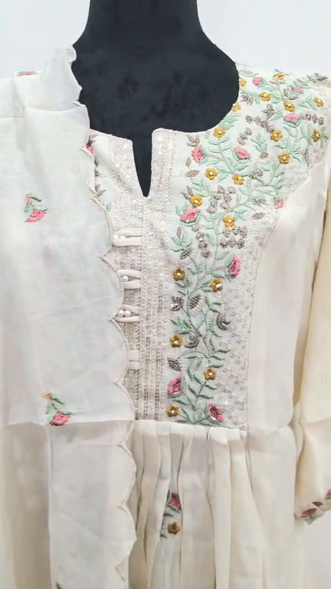 Cream Mulchanderi Indian Ethnic Traditional Women's Dress Festive Party Wear - Image 11