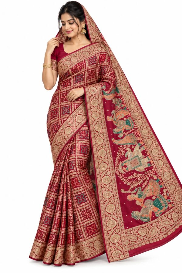 Deep Red Designer Saree with Dupatta Gold Zari Elephant Traditional Wedding Wear - Image 1
