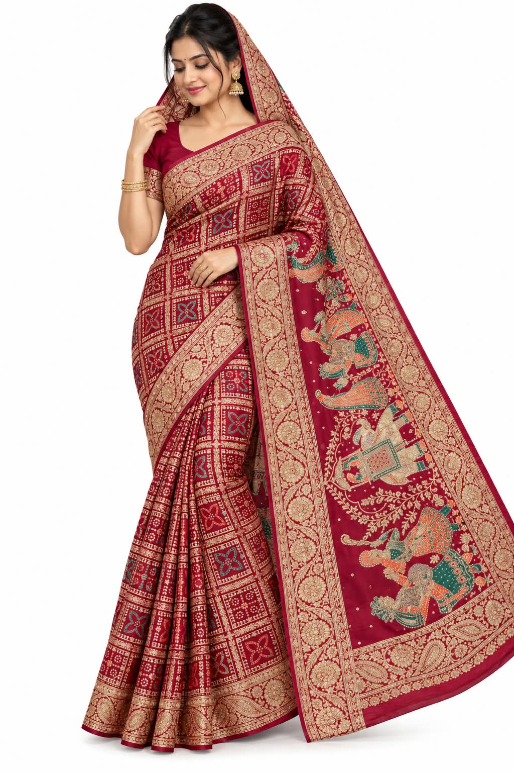 Deep Red Designer Saree with Dupatta Gold Zari Elephant Traditional Wedding Wear - Image 1