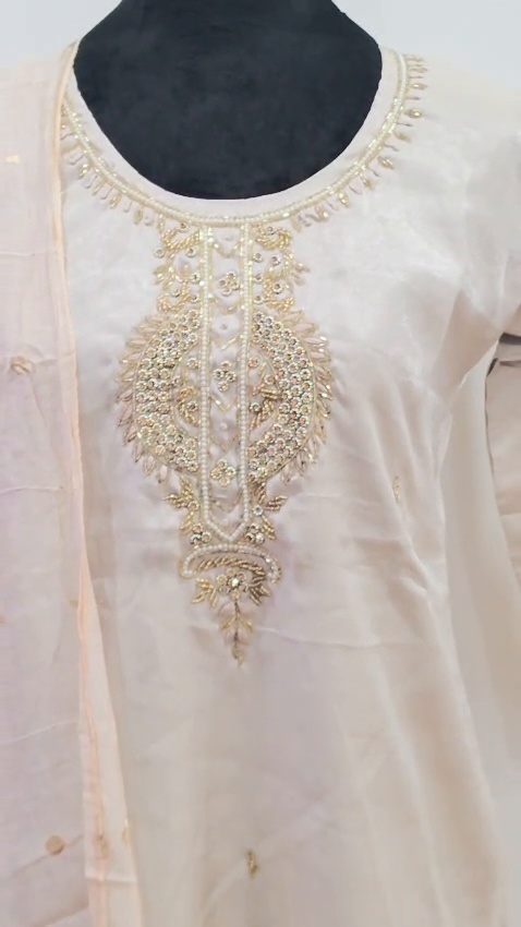 Ivory White 3 Piece Salwar Suit Women Gold Embroidery Indian Ethnic Dress - Image 3