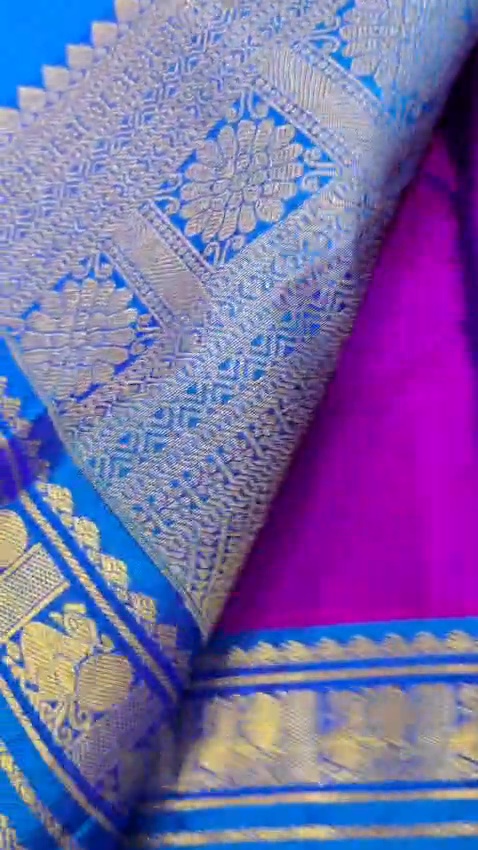 Pure Silk Kanchipuram Saree Magenta Blue Gold Zari Traditional Indian Wedding - Image 9
