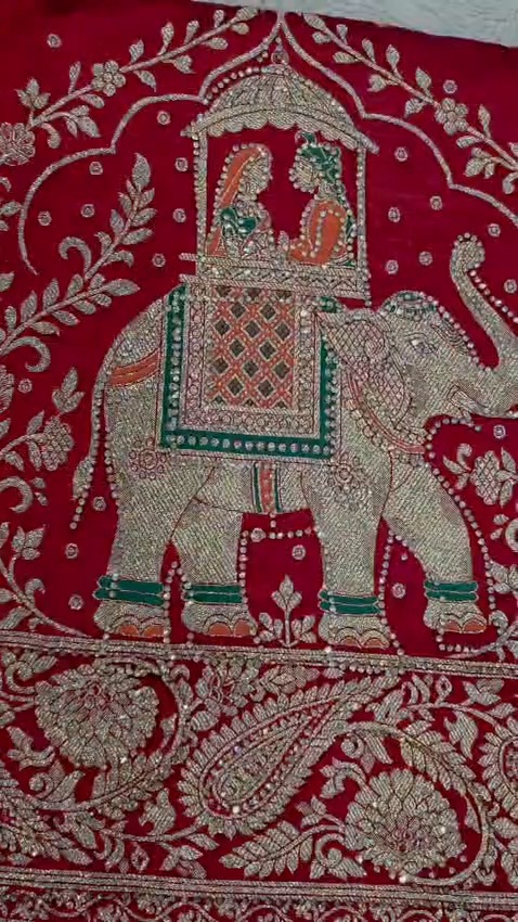 Deep Red Designer Saree with Dupatta Gold Zari Elephant Traditional Wedding Wear - Image 5