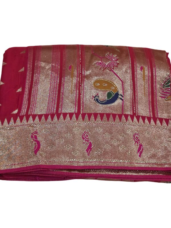 Rich Banarasi Designer Saree with Dupatta Rani Pink Gold Zari Peacock Party Wear - Image 6