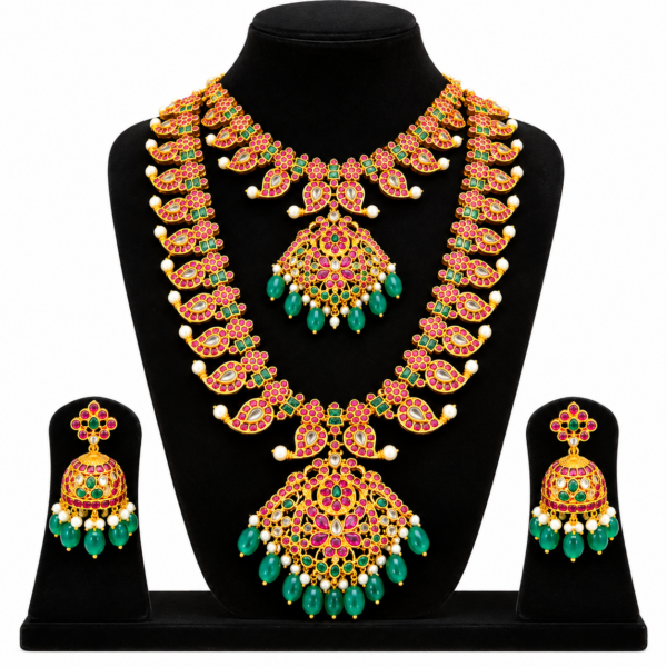 Traditional Kundan Haram Necklace Jhumka Set Ruby Green Gold Tone Bridal Jewelry - Image 4