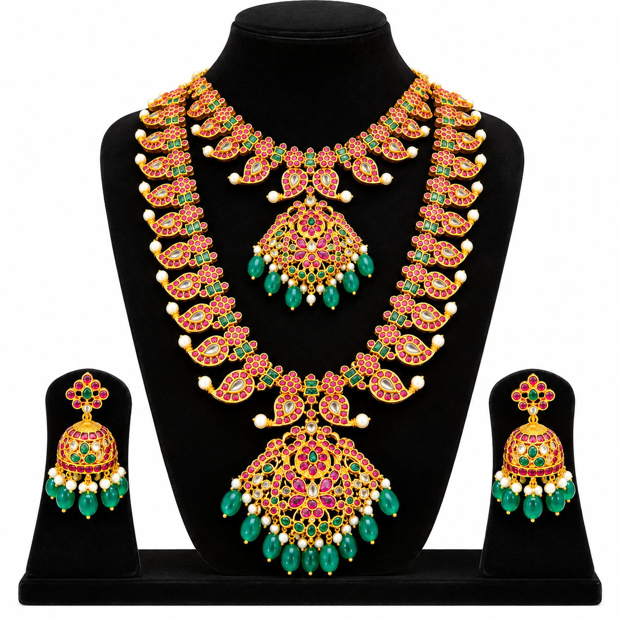 Traditional Kundan Haram Necklace Jhumka Set Ruby Green Gold Tone Bridal Jewelry - Image 4