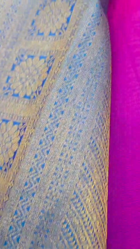 Pure Silk Kanchipuram Saree Magenta Blue Gold Zari Traditional Indian Wedding - Image 4