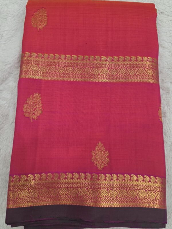Pure Silk Kanchipuram Saree Pink Gold Zari Border Butta Indian Wedding Sari - Image 8