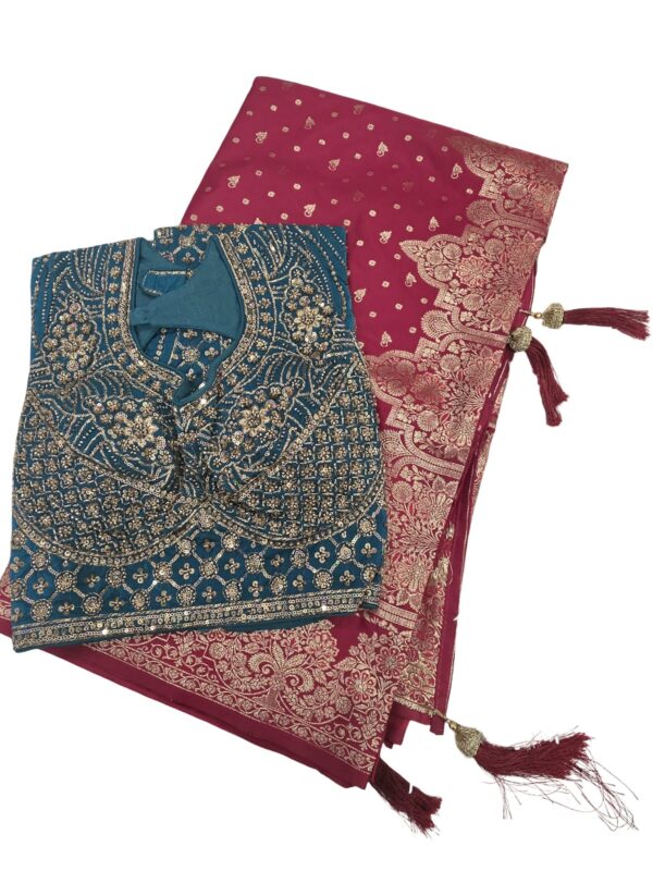 Banarasi Silk Saree with Heavy Embroidered Stitched Blouse Wedding Party Wear - Image 2