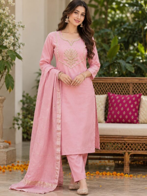 Women Pink 3 Piece Salwar Suit Embroidered Indian Ethnic Party Wear - Image 1