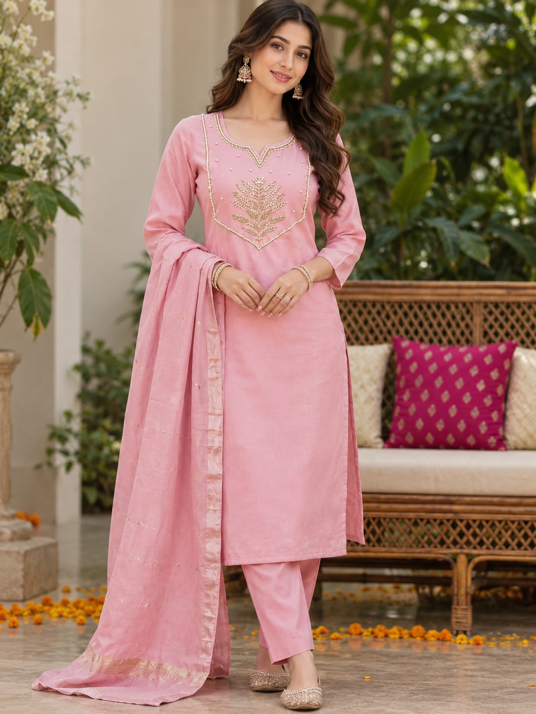 Women Pink 3 Piece Salwar Suit Embroidered Indian Ethnic Party Wear - Image 1