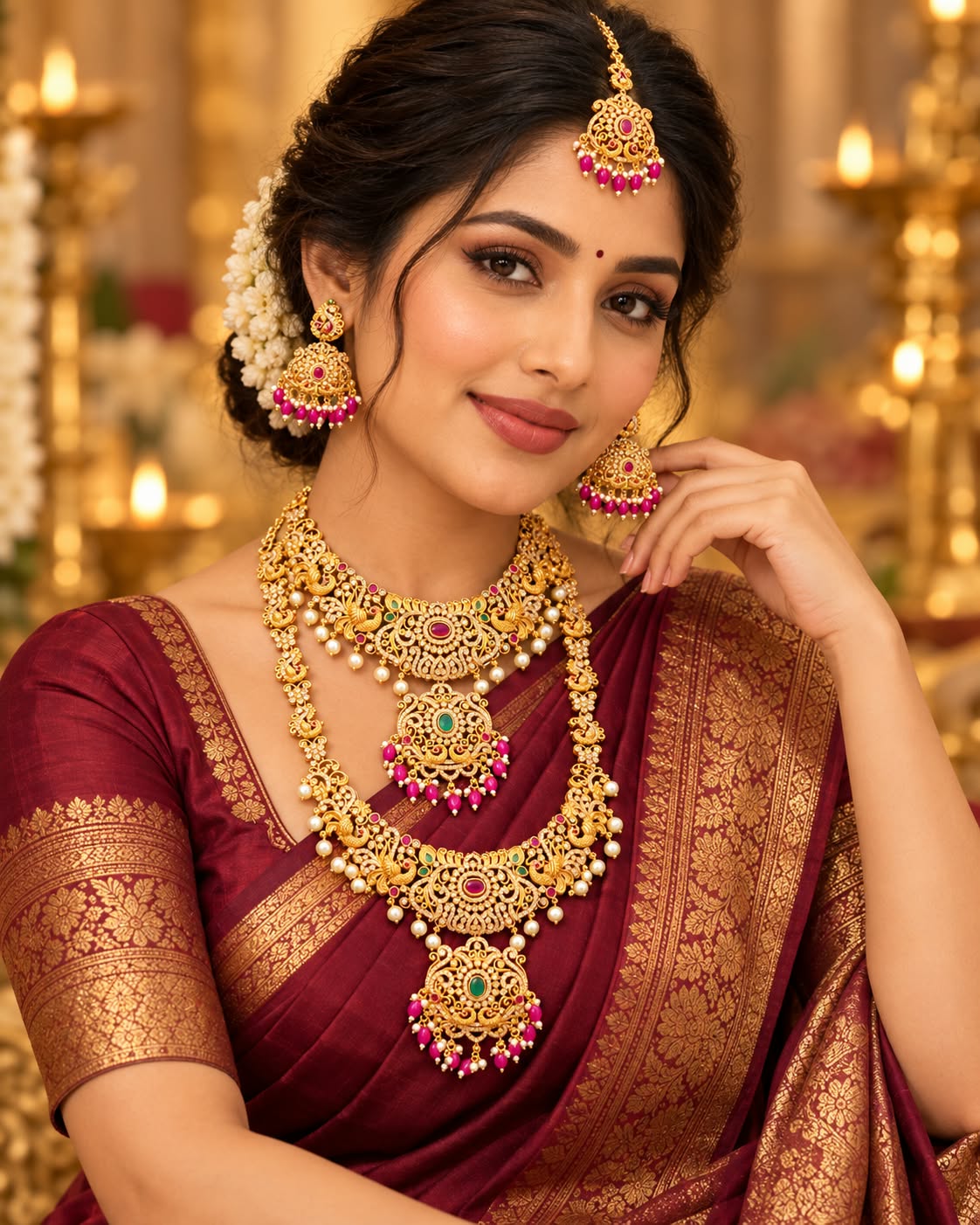 Gold Plated AD Stone Bridal Jewellery Set Long Haram Choker Earrings Maang Tikka - Image 1