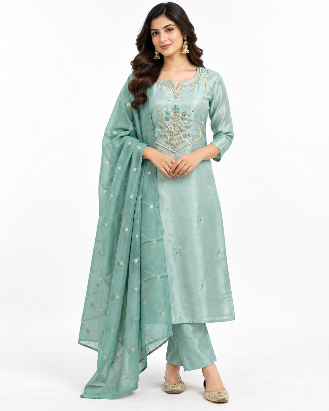 Mint Green 3 Piece Salwar Suit Embroidered Indian Pakistani Party Wear Set - Image 1