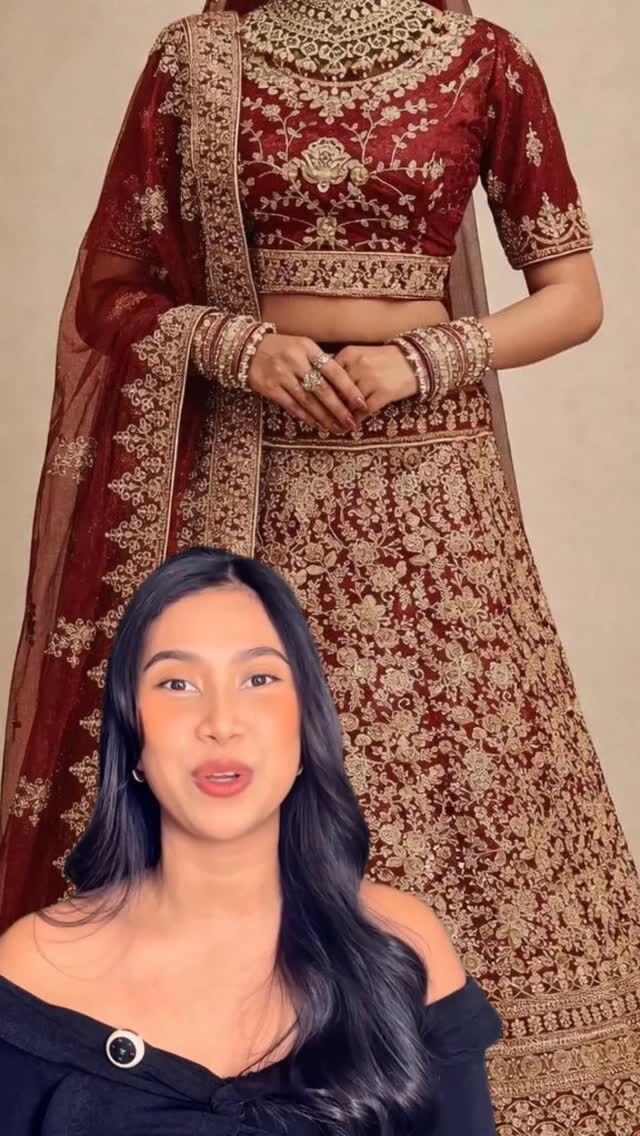 👰✨ Transform into a timeless queen on your big day with our luxurious maroon lehenga! Feel the magic of intricate gold artistry. @www.trendingwomenscloset.com #Save this look! 💖 #MaroonLehenga #BridalElegance #WeddingSeason #DesignerWear